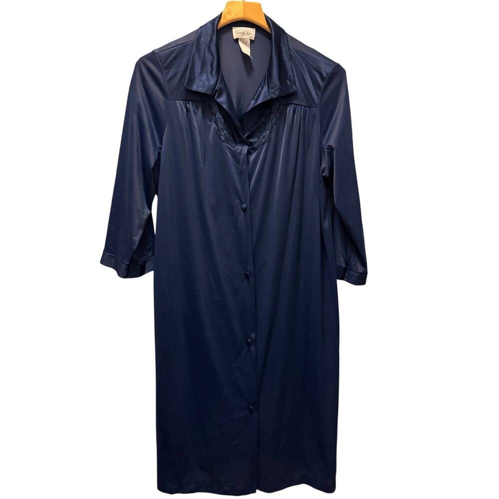 Vintage Vanity Fair Navy Blue Satin Nightgown Duster Robe Lace Snap Front Medium